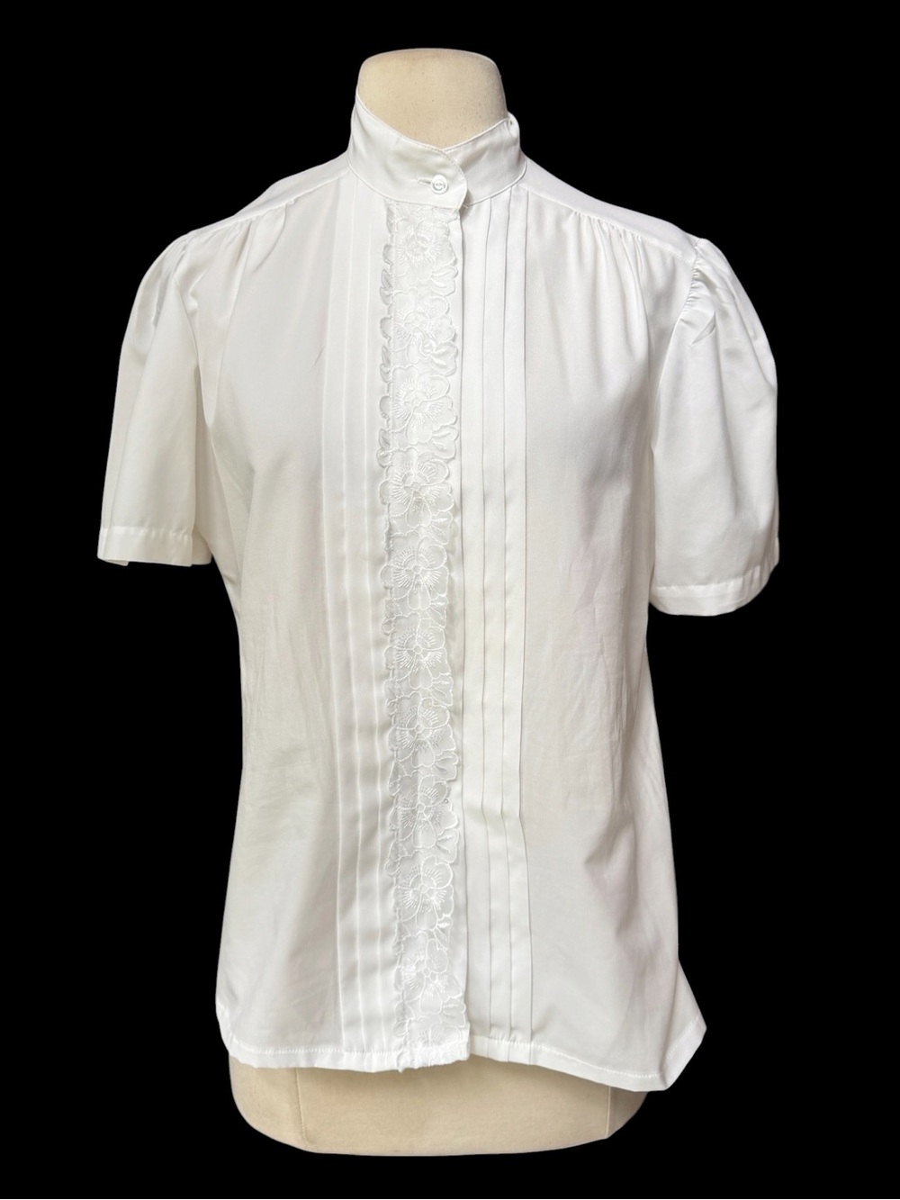 1980s Judy Bond does Edwardian Era Vertical Bib Floral Lace Appliqué Button Down